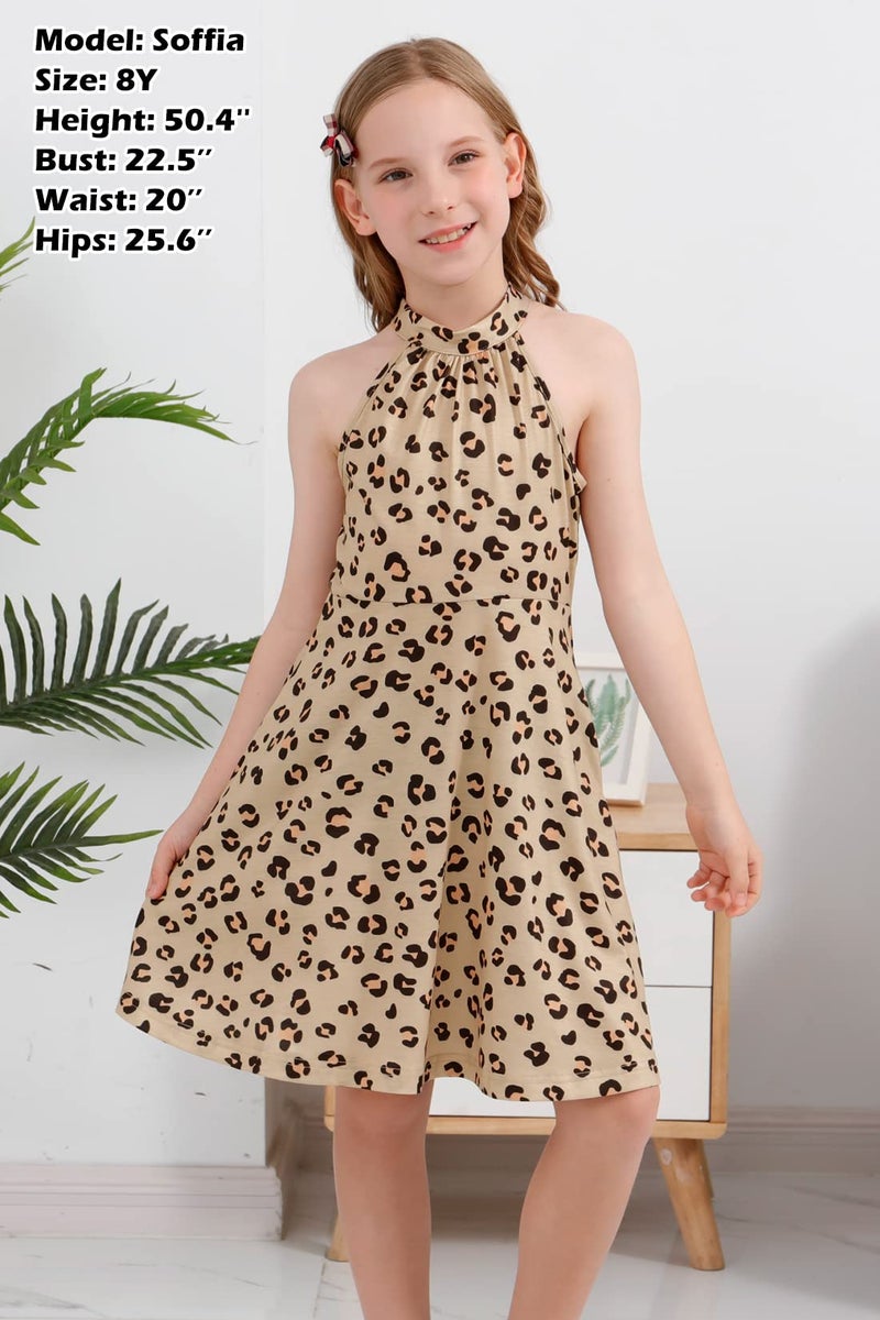 GORLYA Girl's Halter Neck Cold Shoulder Sleeveless Summer Casual Sundress A-line Dress with Pockets for 4-12 Years(GOR1013,12Y,Leopard) - Image 3
